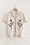 Women's Beige Embroidered Floral Button-Down Shirt – Half Sleeve Casual Collared Top