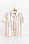 Beige Embroidered Stripe Button-Down Shirt – Half Sleeve Casual Collared Top