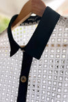White Textured Button-Down Shirt – Half Sleeve Contrast Collar Casual Top