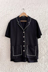 Black Contrast Stitch Button-Down Shirt – Half Sleeve Casual Pocket Top