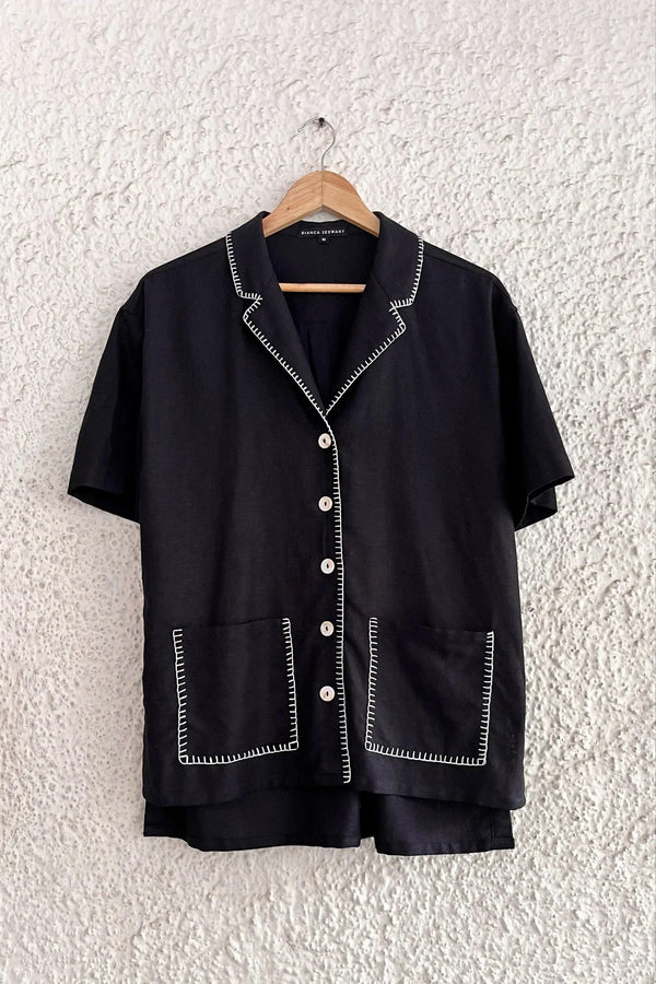 Black Contrast Stitch Button-Down Shirt – Half Sleeve Casual Pocket Top