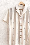 Beige Embroidered Stripe Button-Down Shirt – Half Sleeve Casual Collared Top